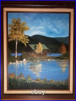 Vintage Oil Painting Autumn Lake Cabin Scene Signed R Wolf Framed 20x16 Vintage Oil Painting Autumn Lake Cabin Scene Signed R Wolf Framed 20x16