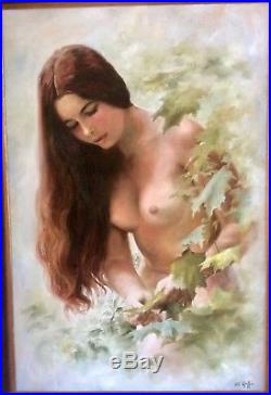 Vintage Oil Painting Beautiful Half Nude Woman in a Garden O/C Art Signed Framed