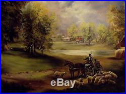 Vintage Oil Painting Canvas Artist Signed G L Greeger Landscape Sheep People