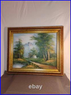 Vintage Oil Painting Canvas Landscape Mountains River Cabin House Signed Framed