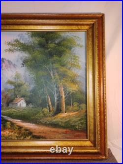 Vintage Oil Painting Canvas Landscape Mountains River Cabin House Signed Framed