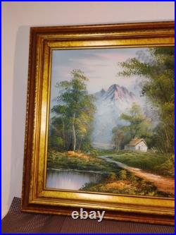 Vintage Oil Painting Canvas Landscape Mountains River Cabin House Signed Framed