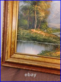 Vintage Oil Painting Canvas Landscape Mountains River Cabin House Signed Framed