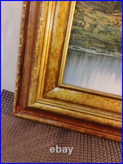 Vintage Oil Painting Canvas Landscape Mountains River Cabin House Signed Framed