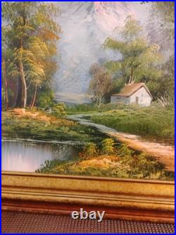 Vintage Oil Painting Canvas Landscape Mountains River Cabin House Signed Framed