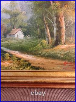 Vintage Oil Painting Canvas Landscape Mountains River Cabin House Signed Framed
