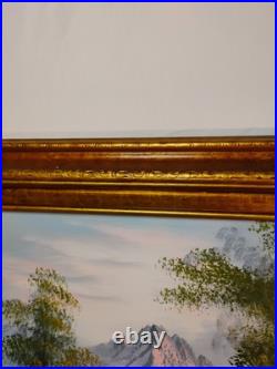 Vintage Oil Painting Canvas Landscape Mountains River Cabin House Signed Framed