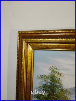 Vintage Oil Painting Canvas Landscape Mountains River Cabin House Signed Framed