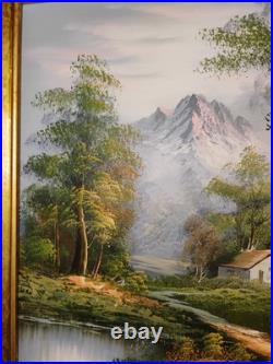 Vintage Oil Painting Canvas Landscape Mountains River Cabin House Signed Framed