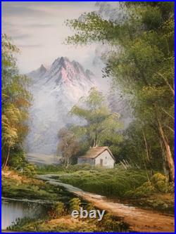 Vintage Oil Painting Canvas Landscape Mountains River Cabin House Signed Framed