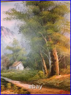 Vintage Oil Painting Canvas Landscape Mountains River Cabin House Signed Framed