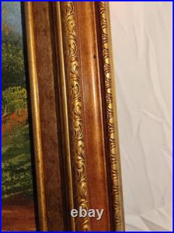 Vintage Oil Painting Canvas Landscape Mountains River Cabin House Signed Framed