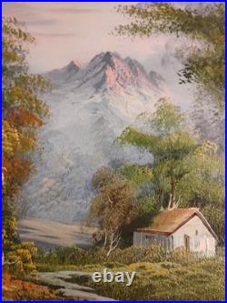 Vintage Oil Painting Canvas Landscape Mountains River Cabin House Signed Framed