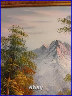 Vintage Oil Painting Canvas Landscape Mountains River Cabin House Signed Framed