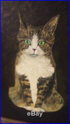 Vintage Oil Painting Cat 1969 Molded Wood Frame Mid Centrury Signed by Artist