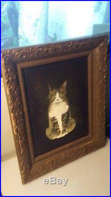 Vintage Oil Painting Cat 1969 Molded Wood Frame Mid Centrury Signed by Artist