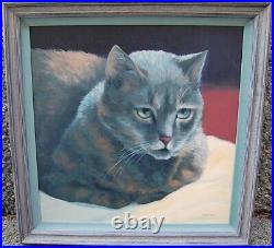 Vintage Oil Painting Cat Original Artist Signed Framed 24 x 24 Green Eyes