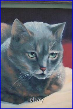 Vintage Oil Painting Cat Original Artist Signed Framed 24 x 24 Green Eyes