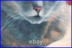 Vintage Oil Painting Cat Original Artist Signed Framed 24 x 24 Green Eyes