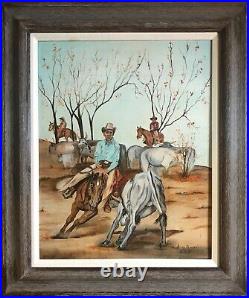 Vintage Oil Painting-Cutting Horse, Cowboys, Cattle-Landscape-Western Art