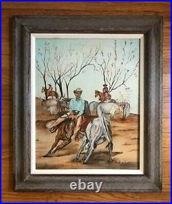 Vintage Oil Painting-Cutting Horse, Cowboys, Cattle-Landscape-Western Art