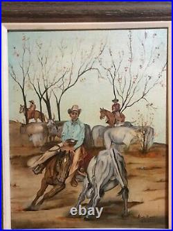 Vintage Oil Painting-Cutting Horse, Cowboys, Cattle-Landscape-Western Art