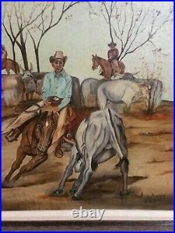 Vintage Oil Painting-Cutting Horse, Cowboys, Cattle-Landscape-Western Art