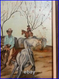 Vintage Oil Painting-Cutting Horse, Cowboys, Cattle-Landscape-Western Art