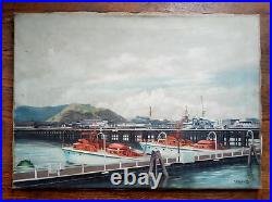 Vintage Oil Painting, Docks & Fishing Boats, Russian Signed V. Dlugosch 20 x 28