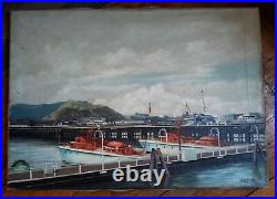 Vintage Oil Painting, Docks & Fishing Boats, Russian Signed V. Dlugosch 20 x 28