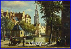 Vintage Oil Painting Dutch Canal Scene with Figures and Dogs by Duykers