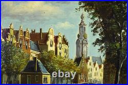 Vintage Oil Painting Dutch Canal Scene with Figures and Dogs by Duykers