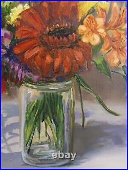 Vintage Oil Painting Farmhouse Flowers signed listed artist Cape Cod, MA