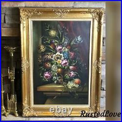 Vintage Oil Painting Floral Still Life Canvas Signed Ornate Gold Frame 36 x 24