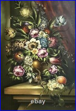 Vintage Oil Painting Floral Still Life Canvas Signed Ornate Gold Frame 36 x 24