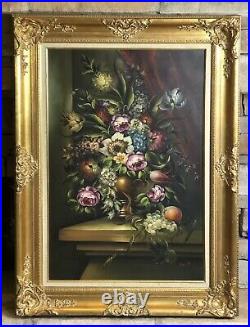 Vintage Oil Painting Floral Still Life Canvas Signed Ornate Gold Frame 36 x 24