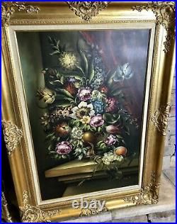 Vintage Oil Painting Floral Still Life Canvas Signed Ornate Gold Frame 36 x 24