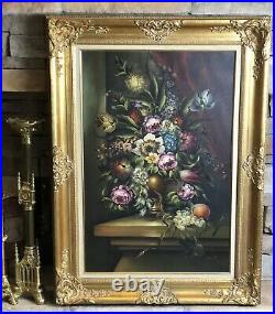 Vintage Oil Painting Floral Still Life Canvas Signed Ornate Gold Frame 36 x 24