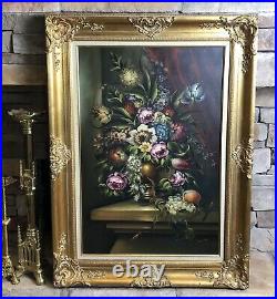 Vintage Oil Painting Floral Still Life Canvas Signed Ornate Gold Frame 36 x 24