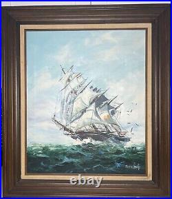Vintage Oil Painting Framed Tall Clipper Ship At Sea Signed Thomas Hawley