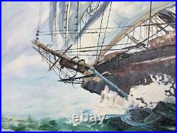 Vintage Oil Painting Framed Tall Clipper Ship At Sea Signed Thomas Hawley