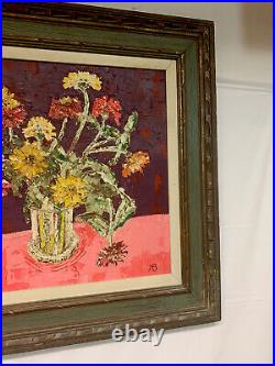 Vintage Oil Painting Heavy Impasto Colorful Floral Signed Wood Framed 26x32