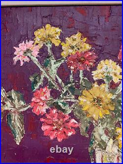 Vintage Oil Painting Heavy Impasto Colorful Floral Signed Wood Framed 26x32