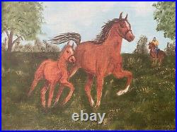 Vintage Oil Painting Horses Colt Rider Trees Western Framed Signed 1980