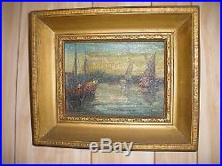 Vintage Oil Painting Italian Harbor Seascape Ships Boats Scene Illegible Sign