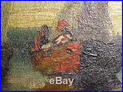 Vintage Oil Painting Italian Harbor Seascape Ships Boats Scene Illegible Sign