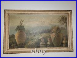 Vintage Oil Painting Landscape with Garden Urns and Mountain View, signed, Frame