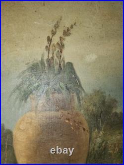 Vintage Oil Painting Landscape with Garden Urns and Mountain View, signed, Frame