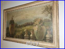 Vintage Oil Painting Landscape with Garden Urns and Mountain View, signed, Frame