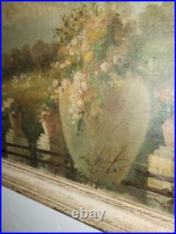 Vintage Oil Painting Landscape with Garden Urns and Mountain View, signed, Frame